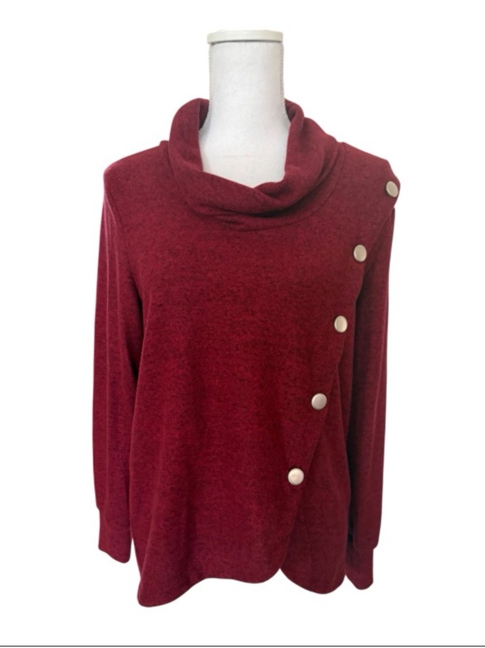 Notations Wine Red Cowl Neck Sweater with Diagonal Button‎ Detail Women PM